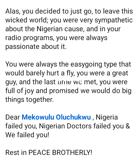 “Nigeria failed you” – Man mourns friend who d!ed after being ‘rejected’ by hospitals amid Anambra doctors’ strike